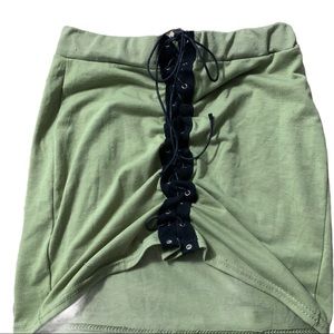 Olive Lace up Crop top with Skirt set